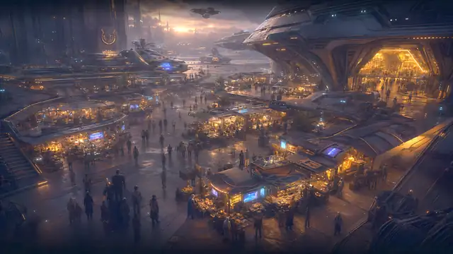LootBazaar concourse marketplace overlooking a busy spaceport